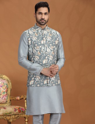 Grey silk printed waistcoat set with zari weaving