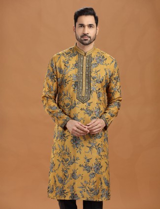 Mustard yellow floral viscose kurta ensemble