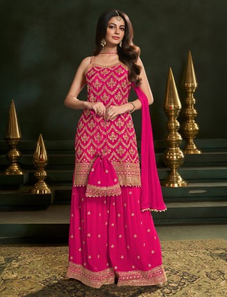 Rani pink georgette sleeveless sharara kurti set for women