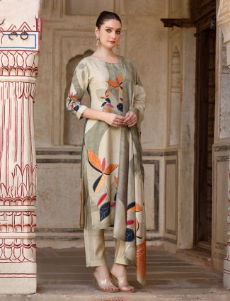 Beige silk printed kurti set with dupatta