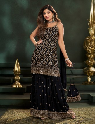 Black georgette sharara kurti set with pearls
