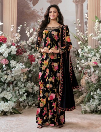 Black silk floral printed pakistani palazzo suit
