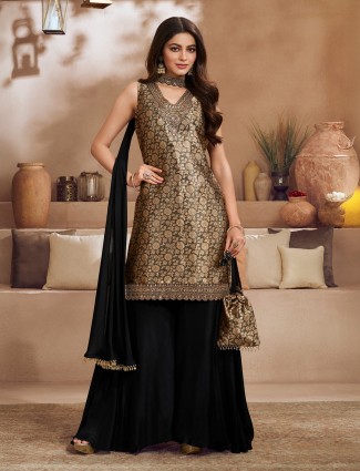 Black silk palazzo kurti set with heavy zari