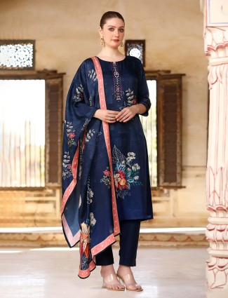 Blue embellished silk printed kurti set