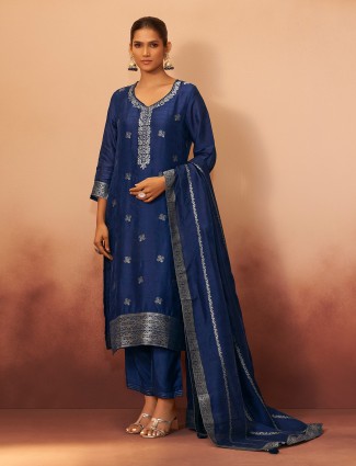 Blue silk zari embellished festive kurti set