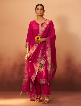 Deep rani pink silk festive kurti ensemble