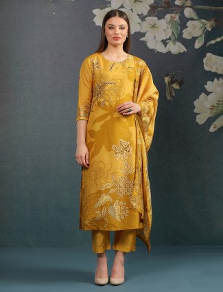 Dusty yellow silk festive printed kurti set