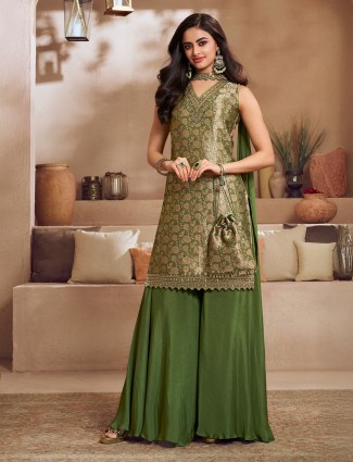 Green silk sleeveless palazzo kurti set with zari