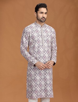Grey purple viscose kurta suit with motifs