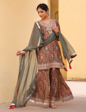 Grey silk floral palazzo kurti set ensemble for women