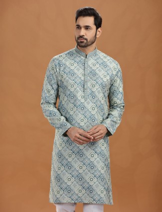 Light grey viscose thread work kurta suit