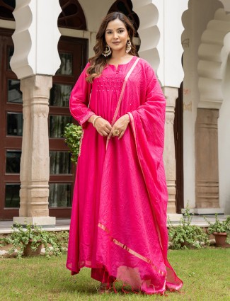 Magenta silk straight cut kurti set with dupatta