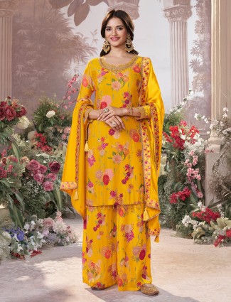 Mustard yellow silk floral palazzo outfit