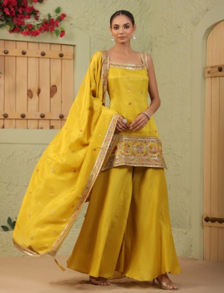 Mustard yellow silk sleeveless palazzo kurti outfit