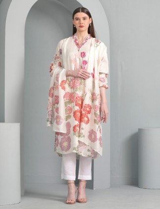Off white floral silk kurti set with dupatta