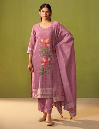 Onion pink silk kurti adorned with motifs