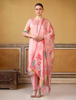 Pink silk printed kurti pant set with dupatta