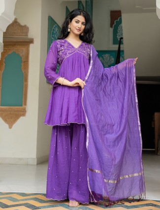 Purple cotton silk sharara kurti set with dupatta