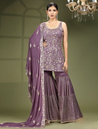 Purple georgette wedding wear sharara suit for women