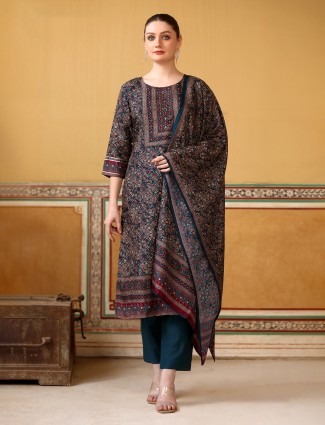 Rama blue and wine silk printed ensemble