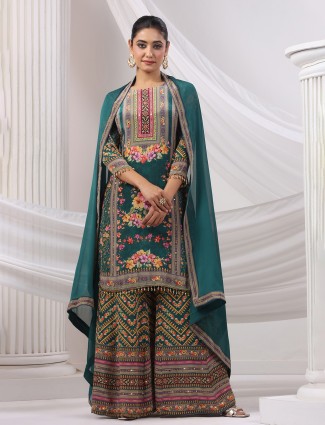 Rama green silk floral palazzo kurti set
