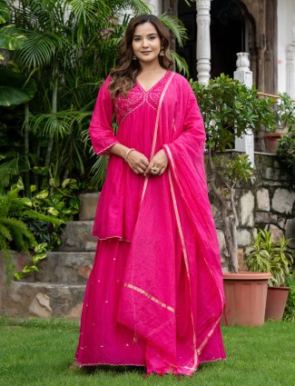 Rani pink cotton silk festive sharara kurti set