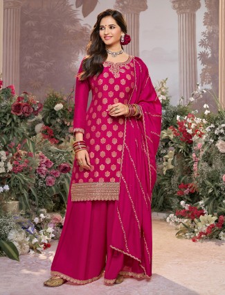 Rani pink silk embellished pakistani suit