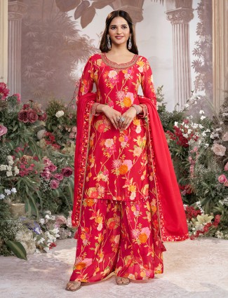 Red silk floral pakistani palazzo suit