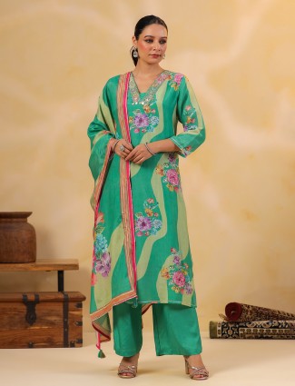 Sage green silk embellished kurti set