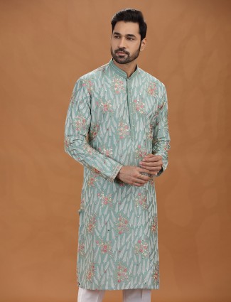 Sea green viscose floral embroidered kurta suit
