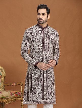 Wine georgette resham embroidered kurta suit