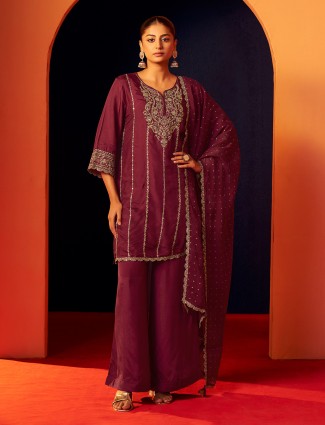 Wine silk pakistani style kurti palazzo kurti set