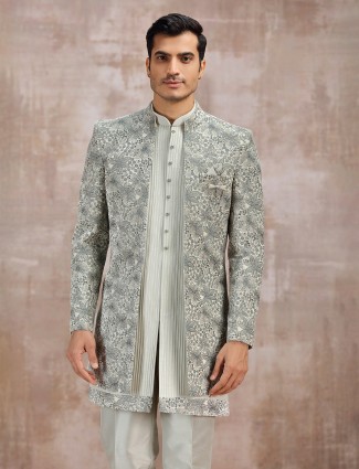 Grey silk indowestern set for reception