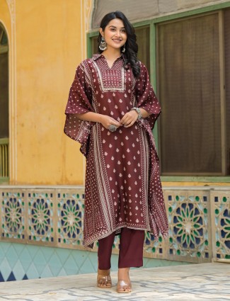 Maroon silk mirror work kurti ensemble