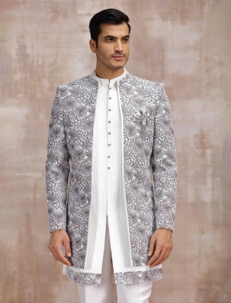 Off white silk reception wear indowestern set