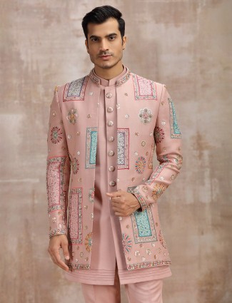 Peach silk men indowestern set for wedding