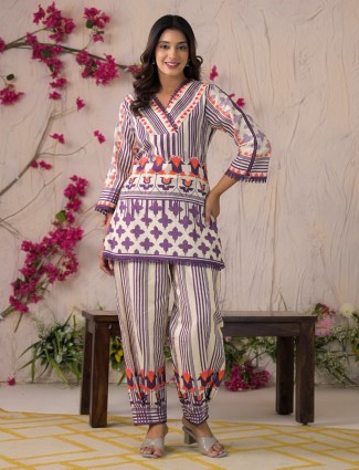 Purple silk festive kurti set with printed