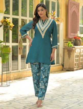 Rama green floral cotton silk kurti set