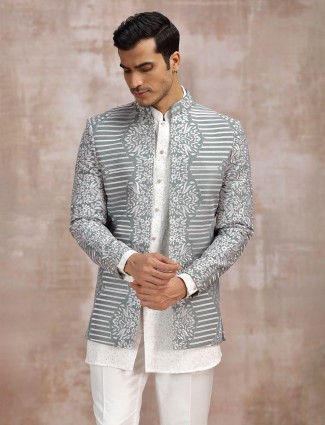 White and Grey wedding wear indowestern set for men
