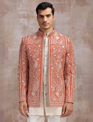 White and Orange georgette indowestern set for men