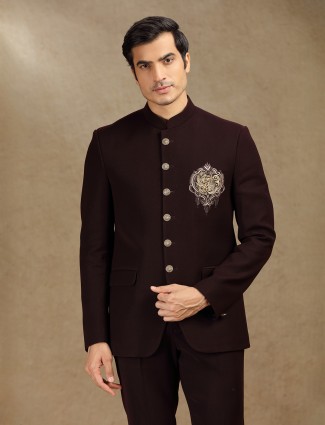 Wine terry rayon jodhpuri suit for wedding wear