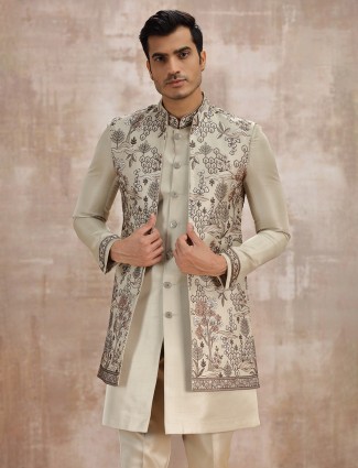 Beige silk embroidered waistcoat set