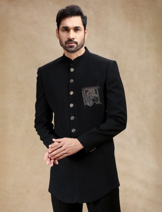 Black terry rayon men indowestern with swarowski embellishment