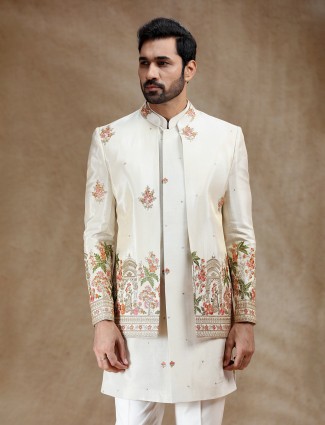 Cream silk indowestern set for wedding