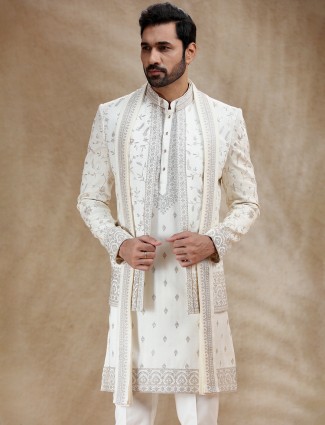 Cream silk indowestern set with dupatta