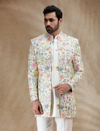 Cream silk indowestern set with embroidered coat