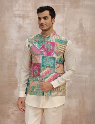 Cream silk waistcoat set with printed design