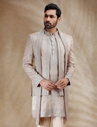 Dark Beige resham worked indowestern set with dupatta