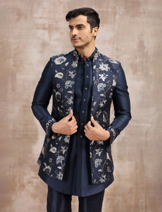 Navy long waistcoat set for mens wedding wear