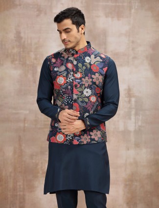 Navy printed waistcoat set for festive look